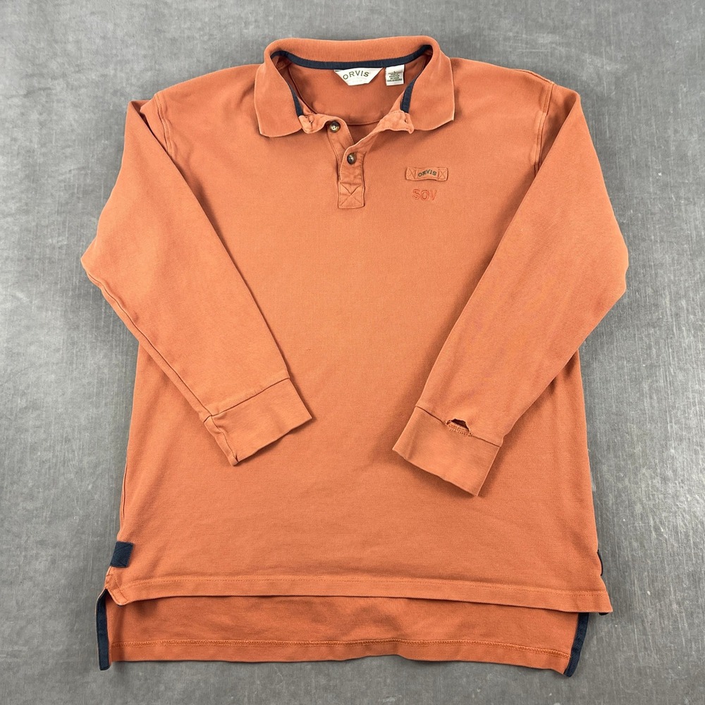 Orvis Mens Large Orange Long Sleeve Polo Shirt SOV Pique Cotton